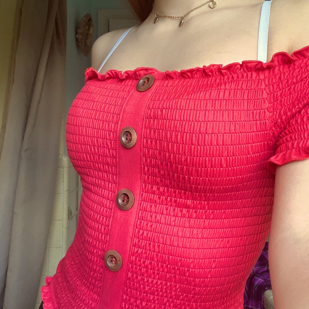 Pink Fuchsia Ruched Buttoned Top Rue 21